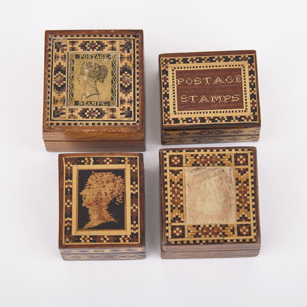 Collection of Four Victorian Tunbridge Ware Stamp Boxes, 19th century