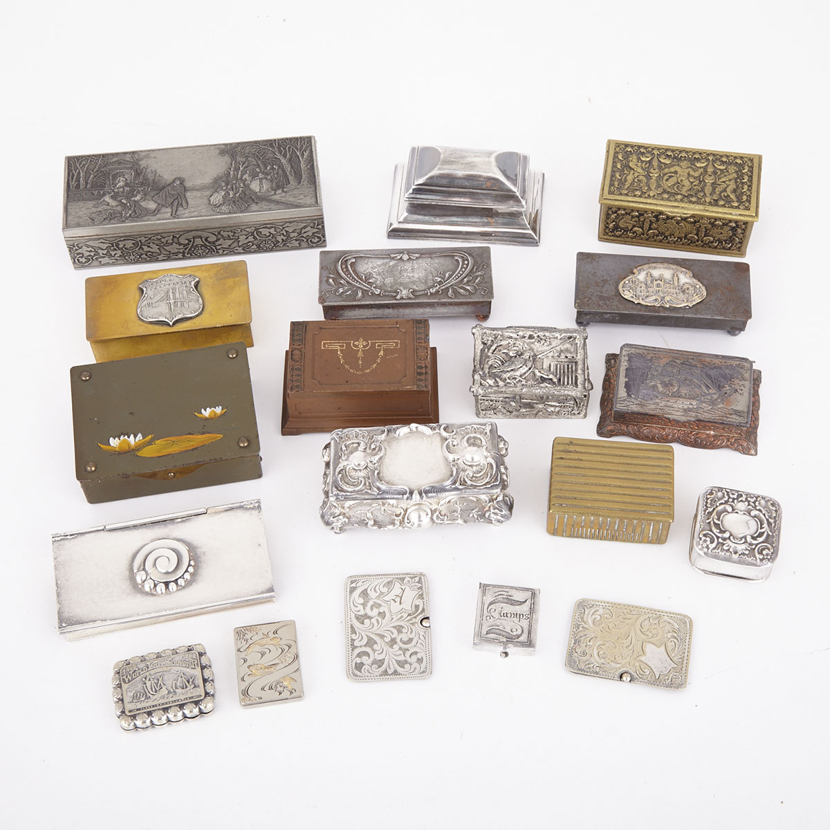 Collection of 19 Victorian and Later Metal Stamp Boxes, 19th/early 20th century