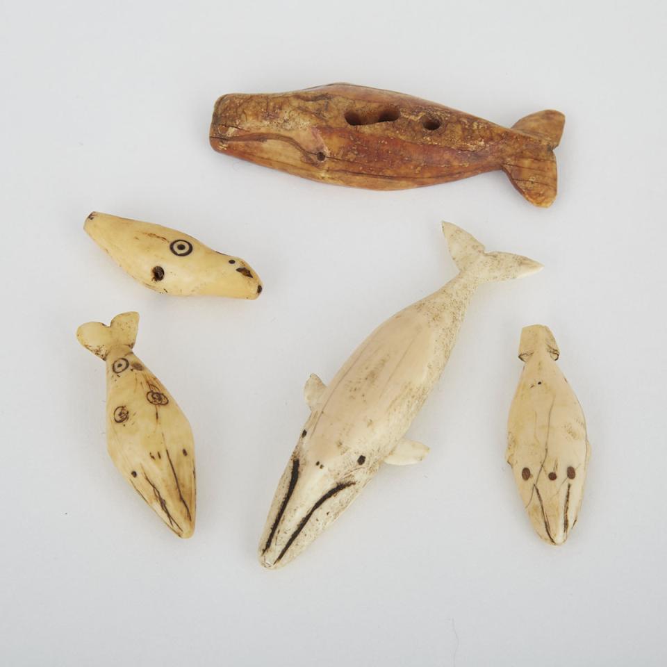BOWHEAD WHALE AMULET; WHALE TOGGLE; THREE SMALLER WHALE AMULETS