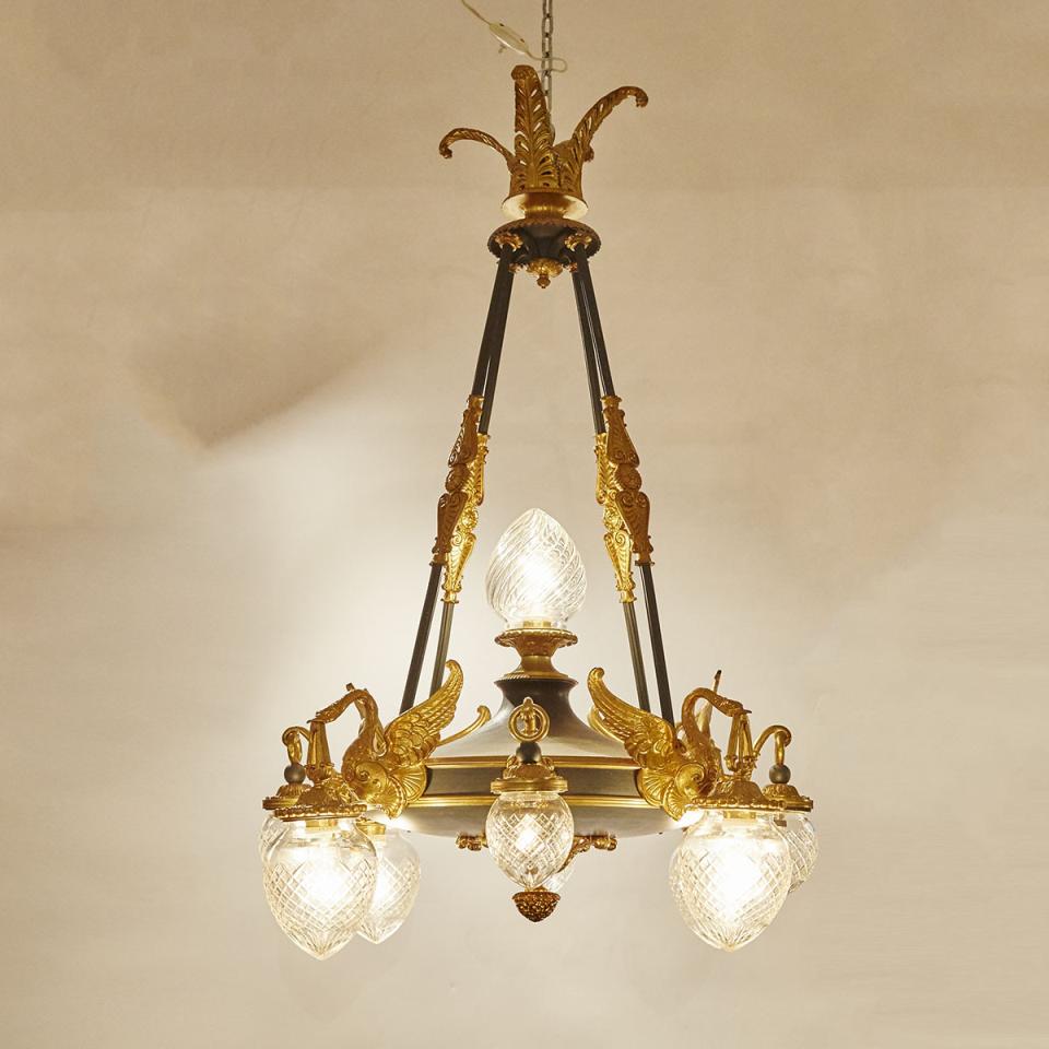 French Empire Style Gilt and Lacquered Metal Chandelier, early 20th century