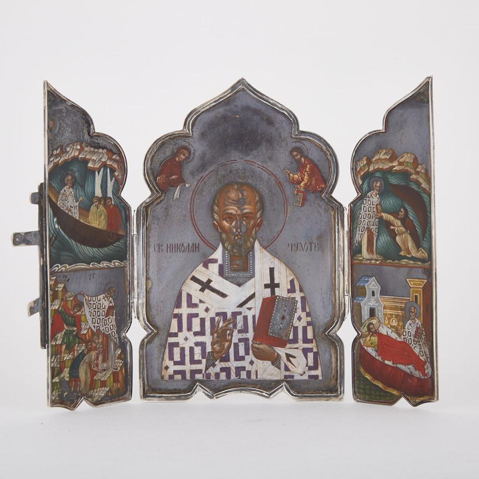 Russian Silver Travelling Triptych Icon of St. Nicholas, 19th century