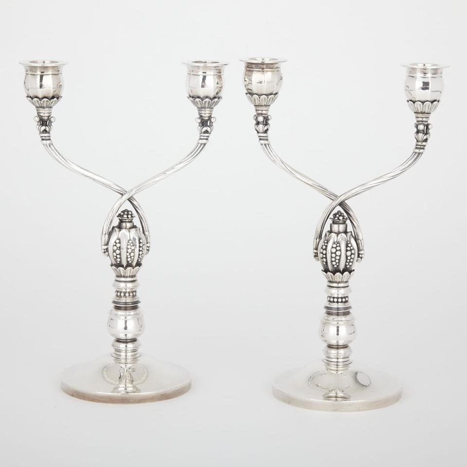 Pair of Danish Silver Two-Light Candelabra, #343, Johan Rohde for Georg Jensen, Copenhagen, mid-20th century