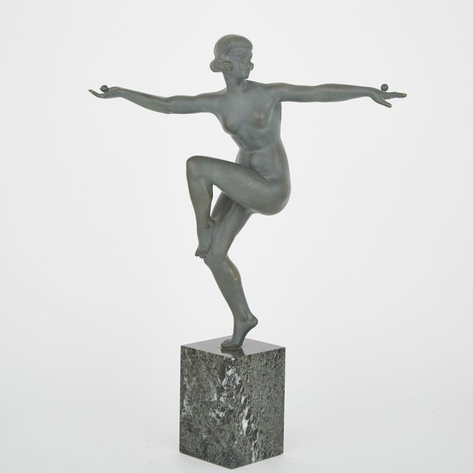 Large Art Deco Patinated Bronze Figure, ‘Balance’, signed Secondo, c.1925