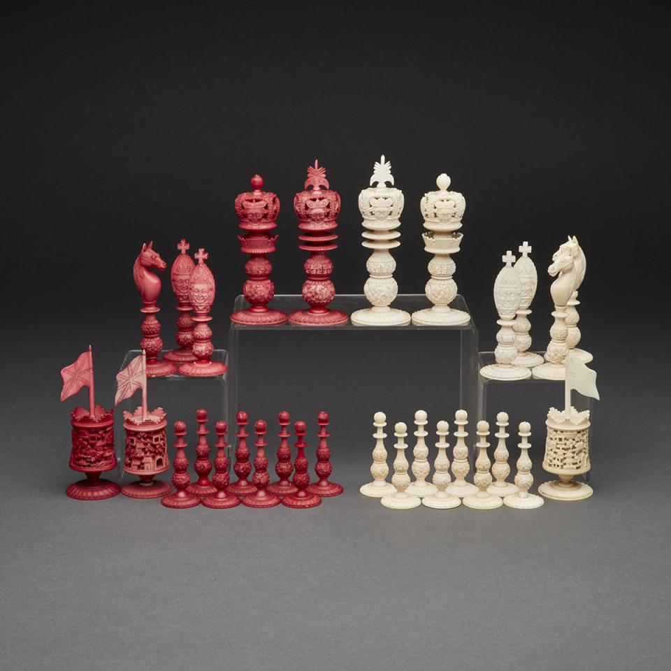 Chinese Export ‘Burmese Pattern’ Turned and Carved Ivory Chess Set, Canton, c.1820