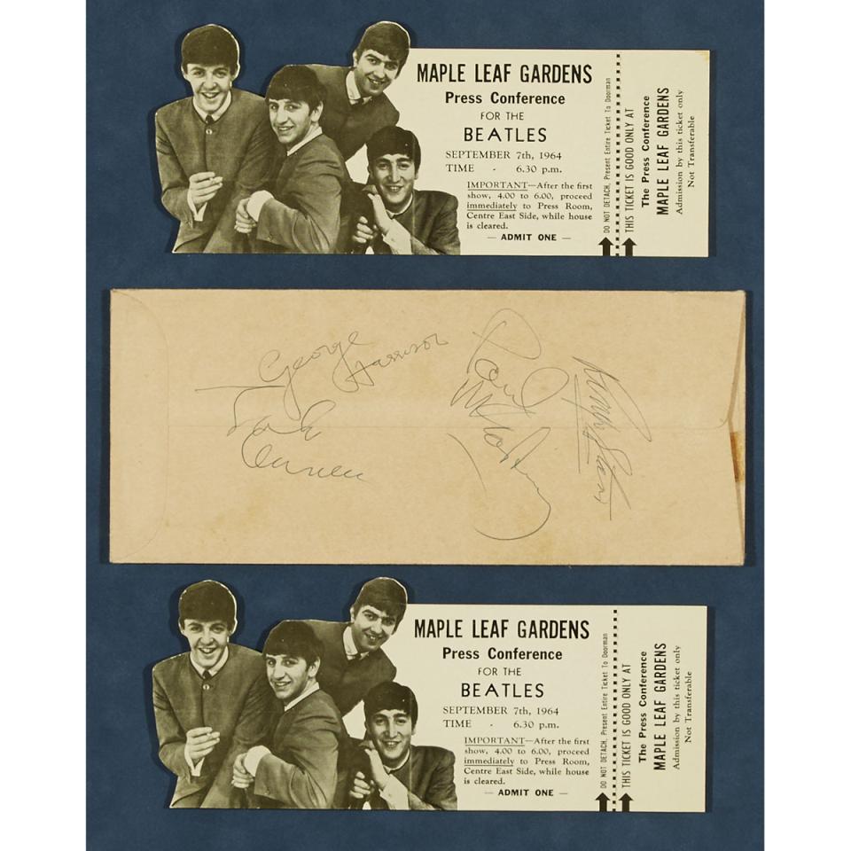 The Beatles: Pair of Press Passes with Autographed Envelope, Maple Leaf Gardens, Sept. 7, 1964