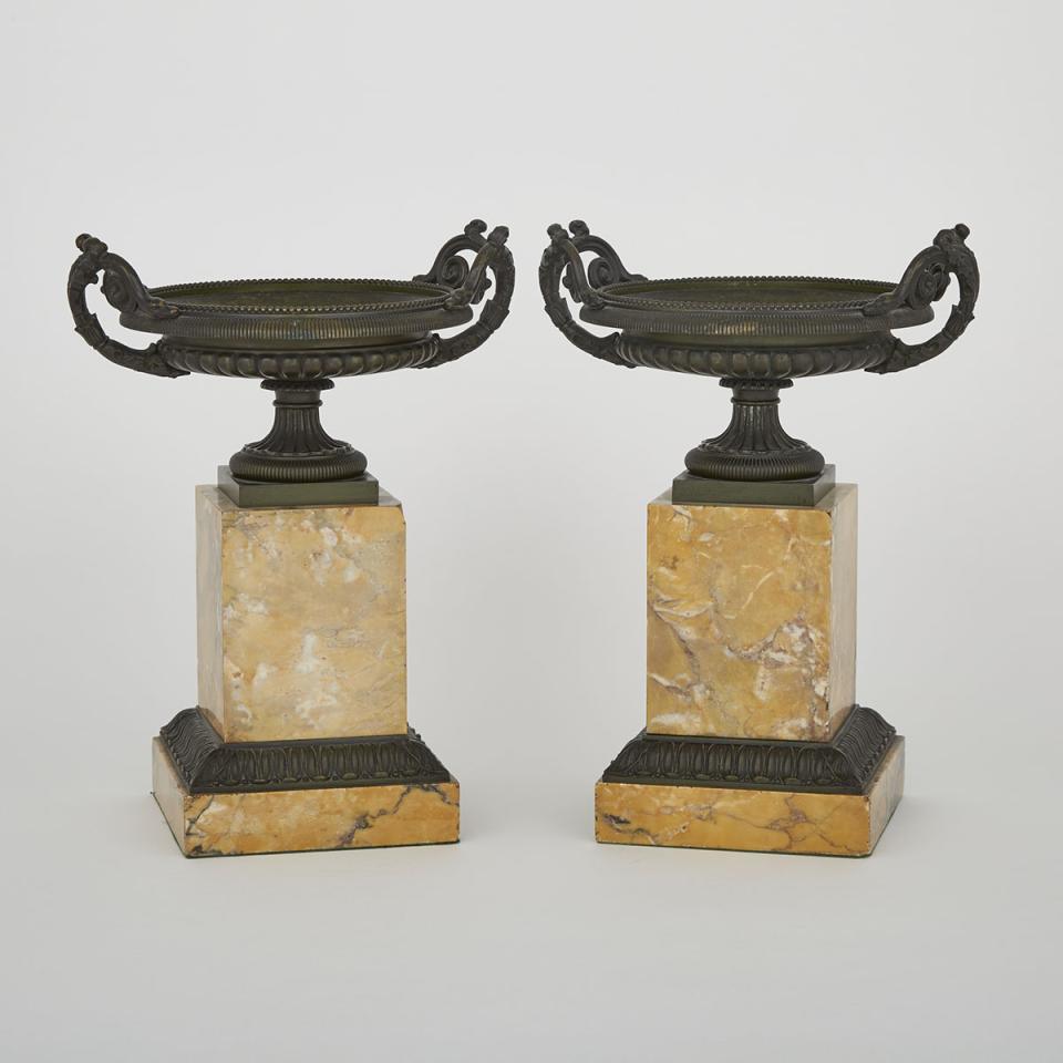 Pair of French Patinated Bronze and Sienna Marble Tazze, 19th century