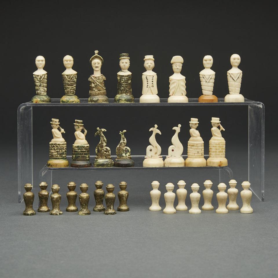 Continental Carved, Polychromed and Parcel Gilt Bone Naval Bust Form Chess Set, Late 18th/early 19th century