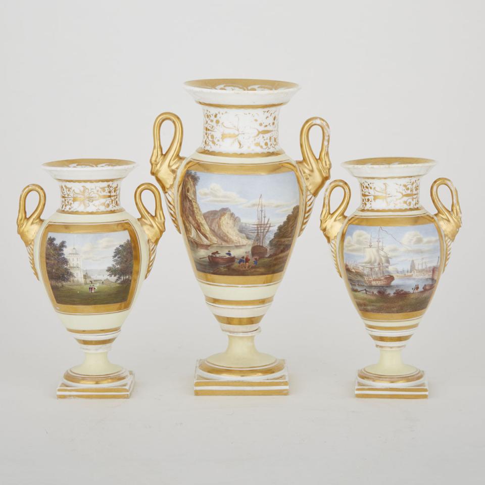Garniture of Three Grainger, Lee & Co. Worcester Topographical Primrose-Ground Vases, c.1815-20