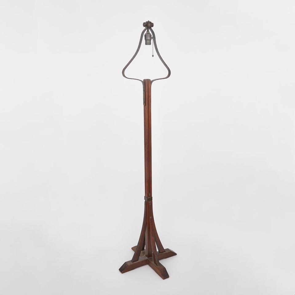 Gustav Stickley Hammered Copper Mounted Oak Floor Lamp, c.1905