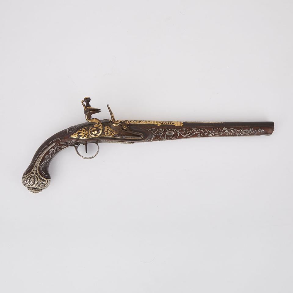 French Export Turkish Ottoman Vermeil Mounted and Silver and Gold Inlaid Flintlock Holster Pistol, c.1720