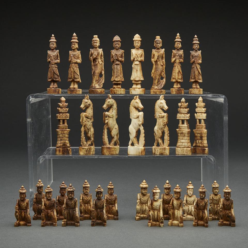 Burmese Carved and Polished Bone Figural Chess Set, 19th century