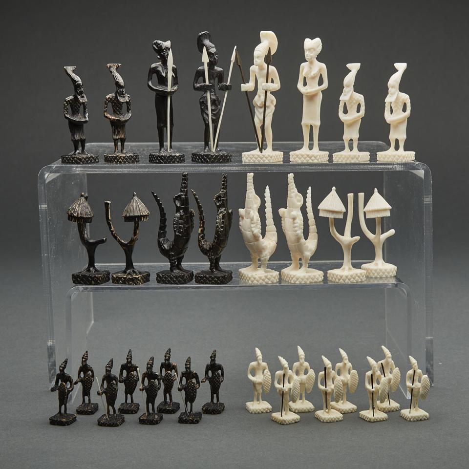 African Carved Ivory Figual Tribal Chess Set, mid 20th century