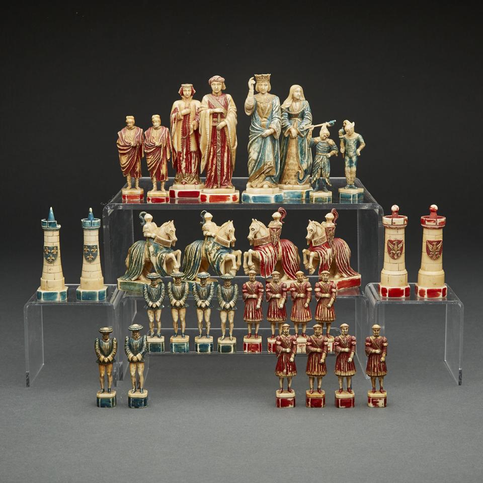 French Carved and Polychromed Ivory France vs. Holy Roman Empire Firgural Chess Set, mid 19th century