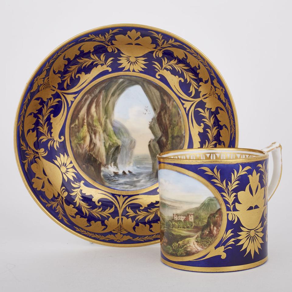 Derby Blue and Gilt Ground Irish Topographical Cup and Saucer, c.1810