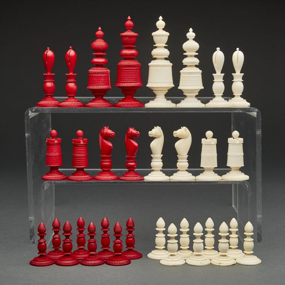 English Turned and Carved Ivory Chess Set, 19th century