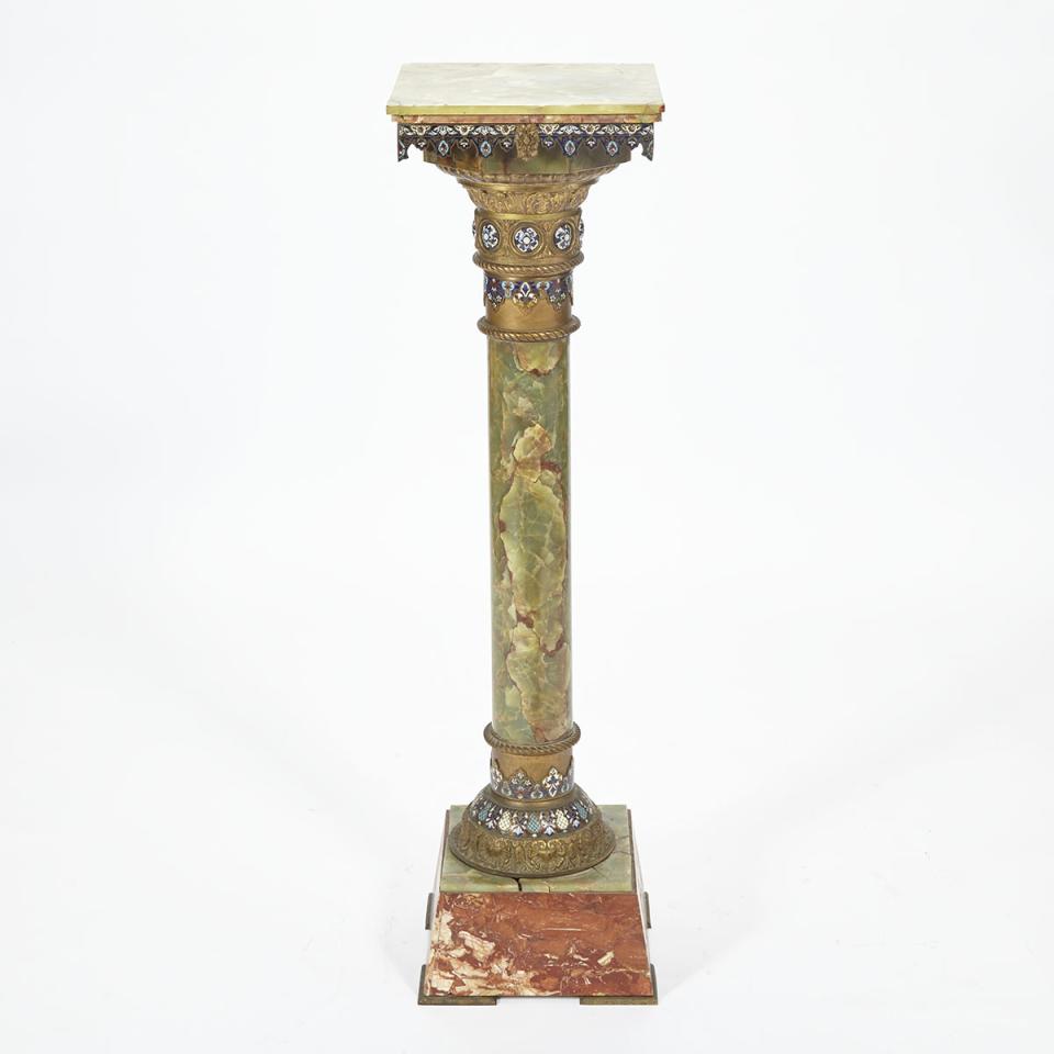 French Champlevé Enamelled Gilt Bronze Mounted Onyx Column Form Pedestal, 19th century