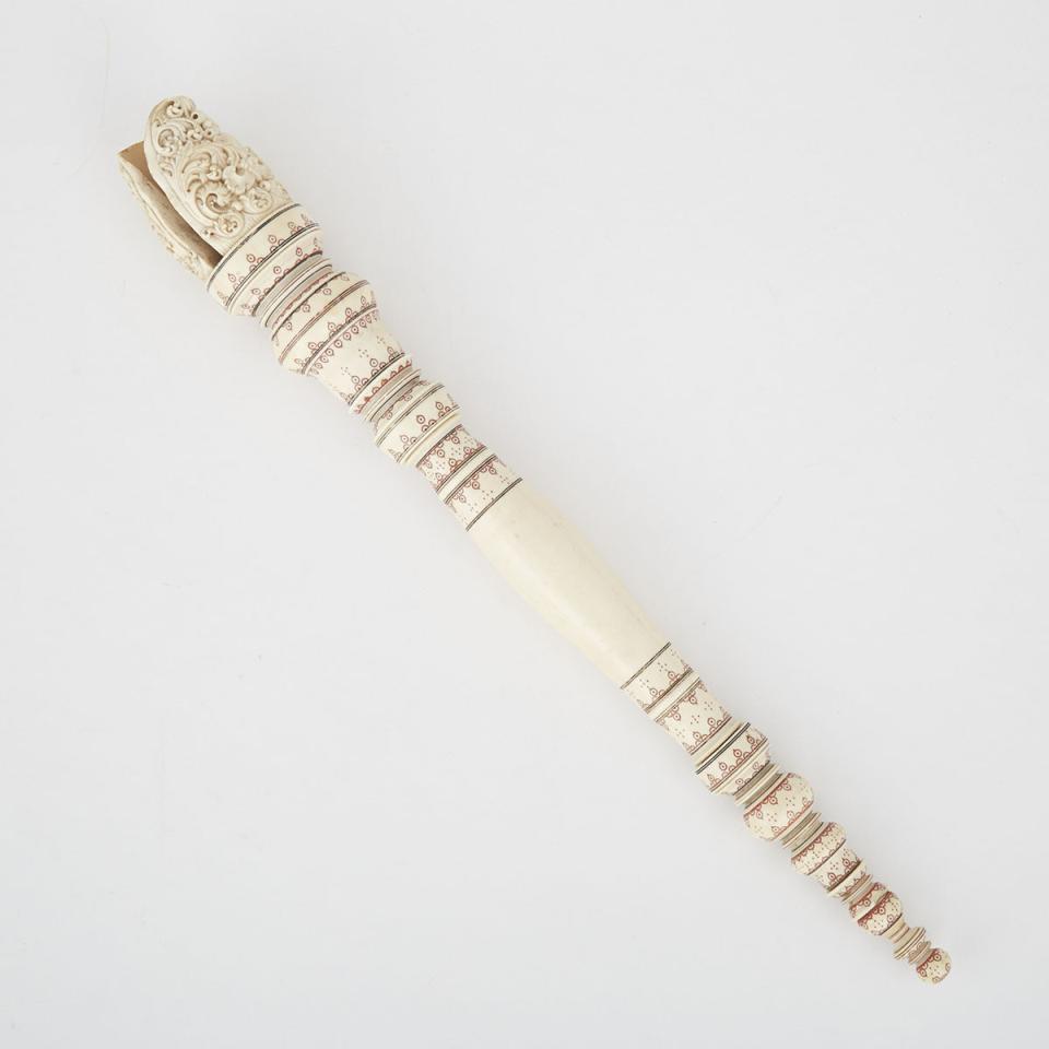 Large Sri Lankan Turned and Carved Ivory Fan Handle, Kandyan Period,  late 18th/early 19th century