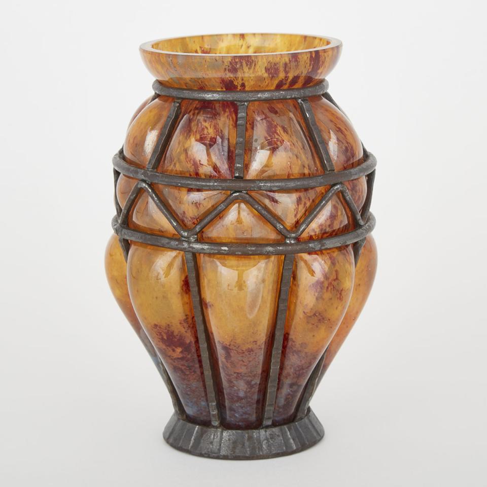 Louis Majorelle Wrought Iron Mounted Daum Glass Vase, c.1925