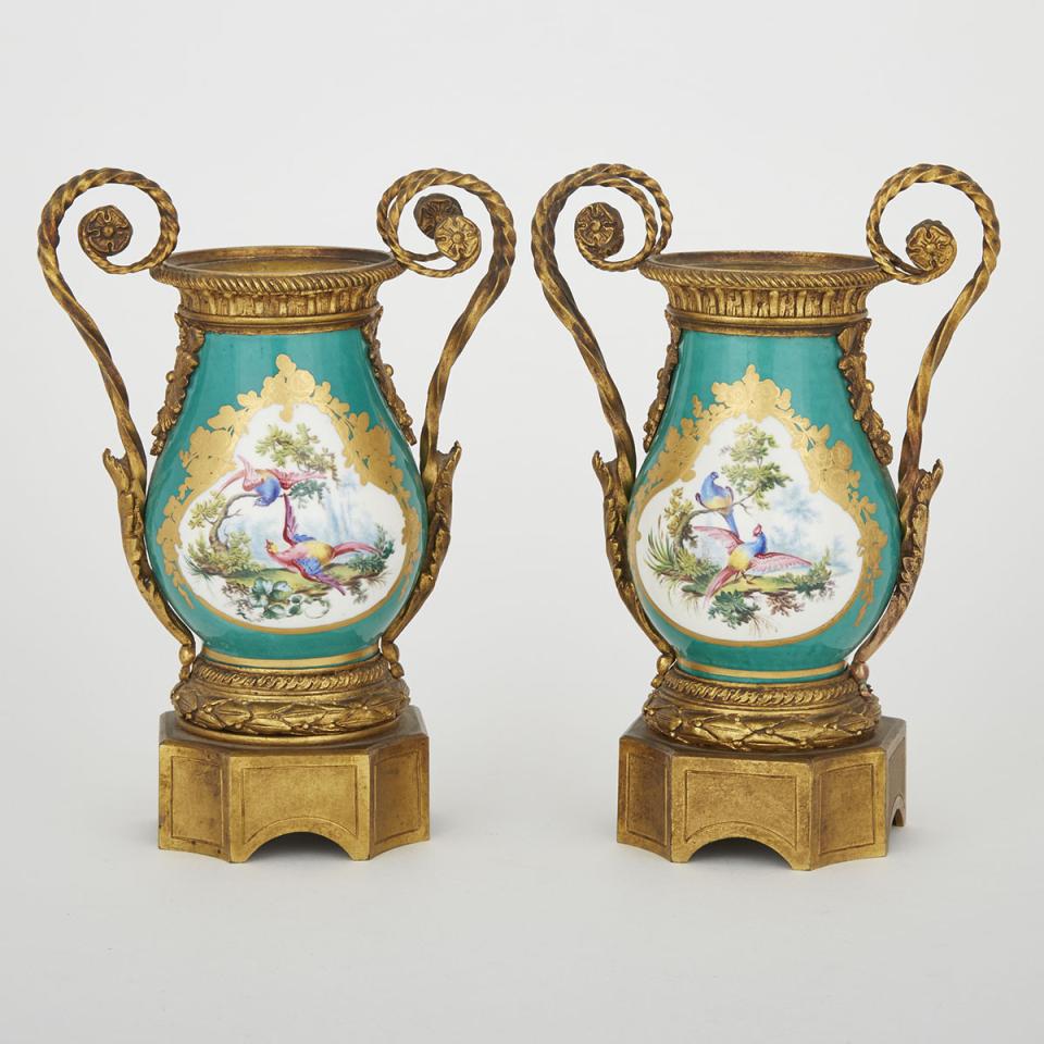 Pair of Ormolu Mounted ‘Sèvres’ Green Ground Vases, late 19th century