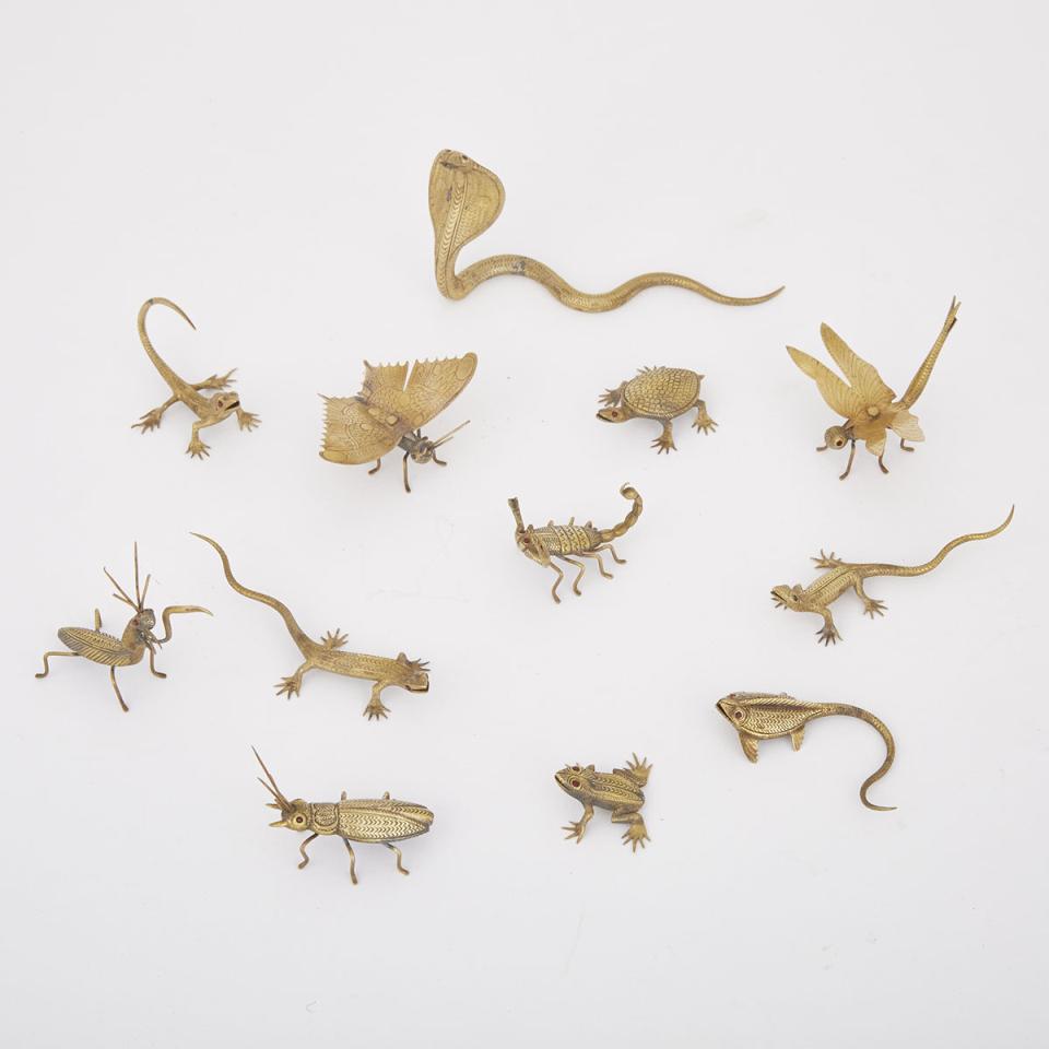 Set of 12 Austrian Gilt Bronze Reptile and Insect Form Place Card Holders, mid 19th century