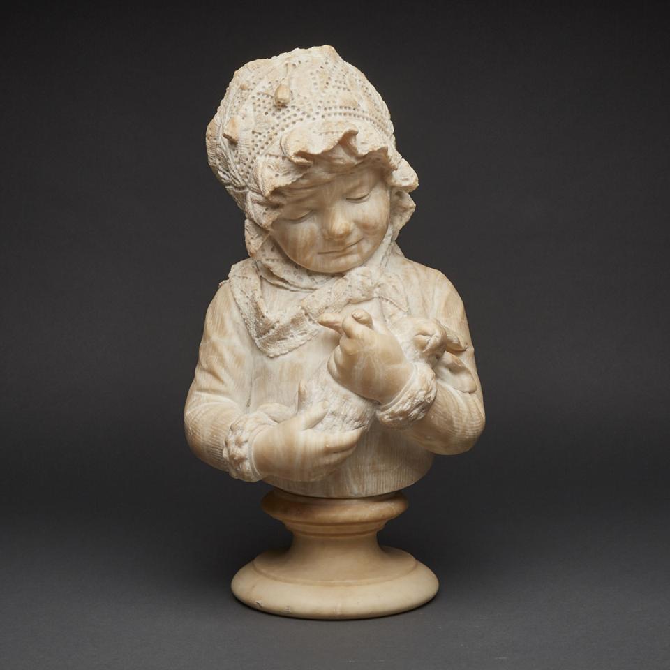 Victorian Carved Alabaster Bust of a Young Girl with a Struggling Rabbit, c.1890