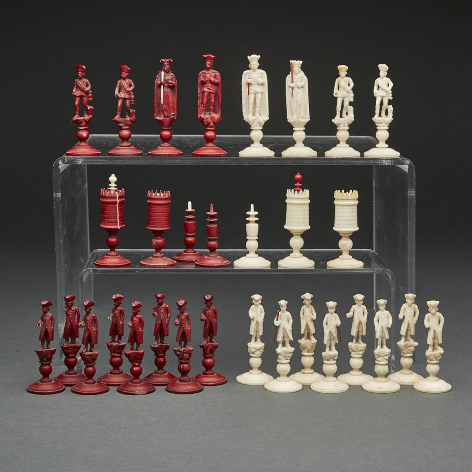 Dieppe Carved and Polished Bone Figural Chess Set, early 19th century