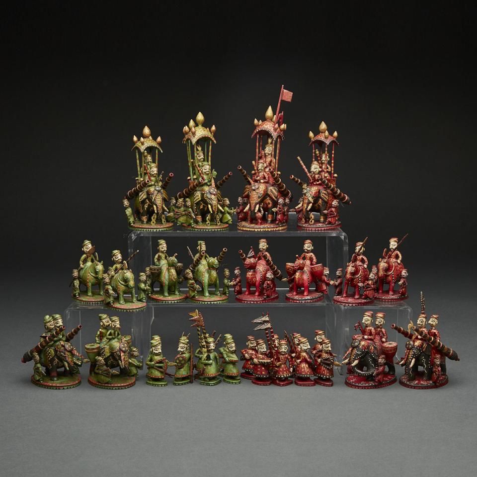 Indian Carved, Polychromed and Parcel Gilt Bone Figural Chess Set, Rajasthan, late 19th/early 20th century