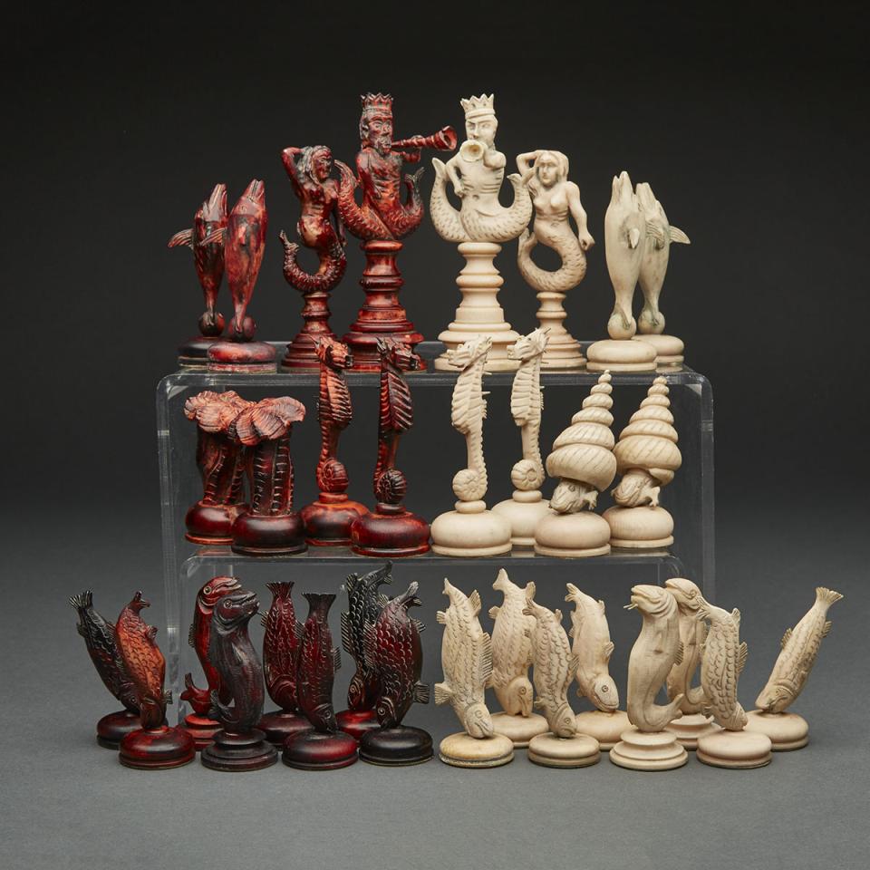 Italian Turned and Carved Bone ‘Sea-Life’ Chess Set, early 20th century