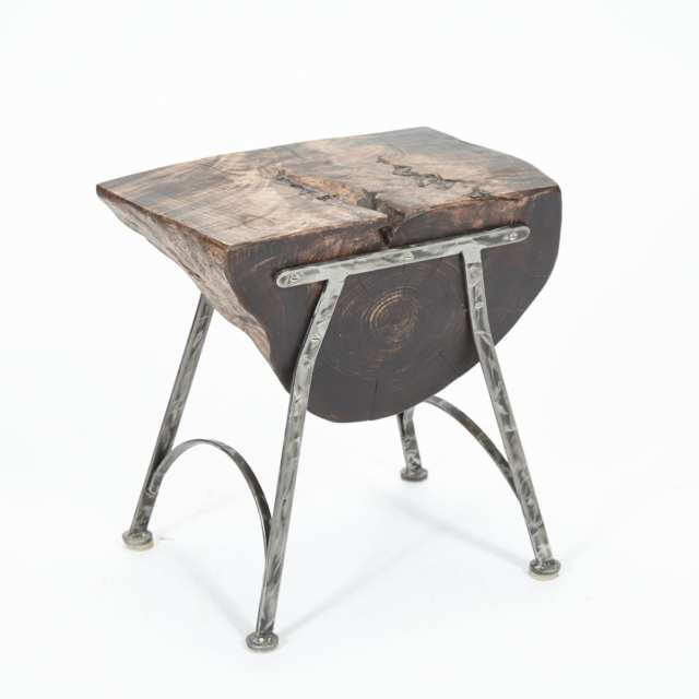 Contemporary Cherry Free Edge Log Table/ Stool on Wrought Iron Stand