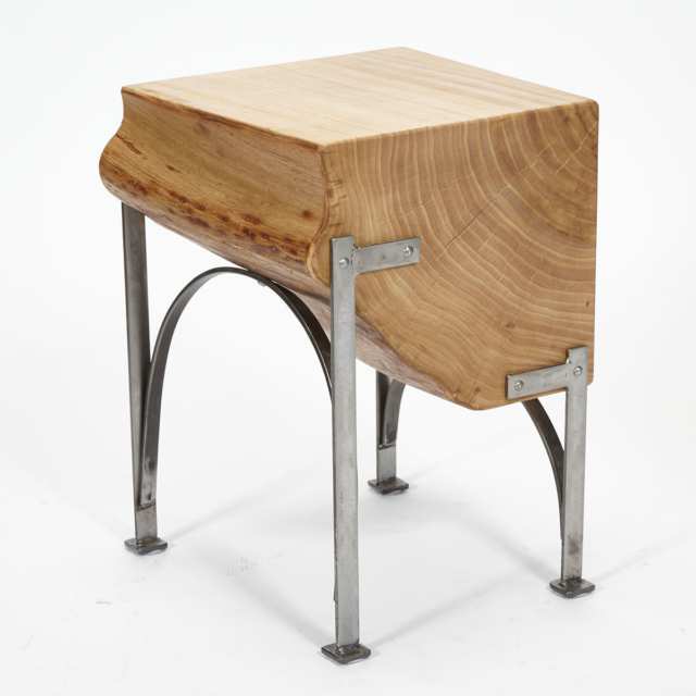 Contemporary Maple Free Edge Log Table/ Stool on Wrought Iron Stand