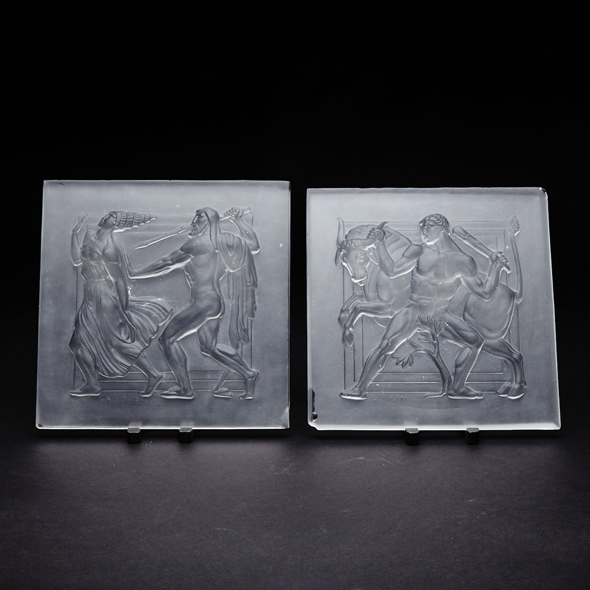 Pair of Art Deco Acid Etched Glass Classical Mythological Relief Panels, c.1930