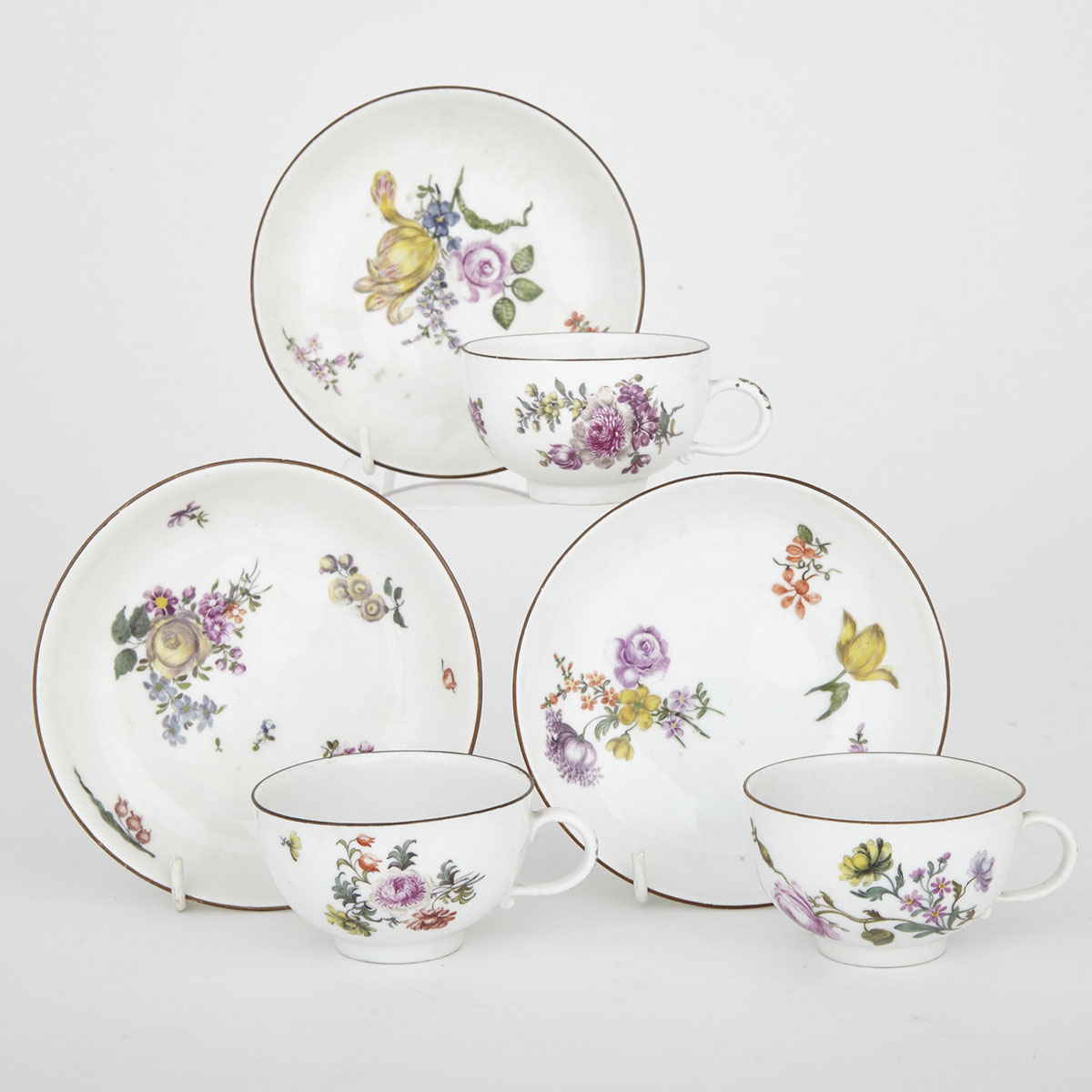 Three Meissen Tea Cups and Saucers, 18th century