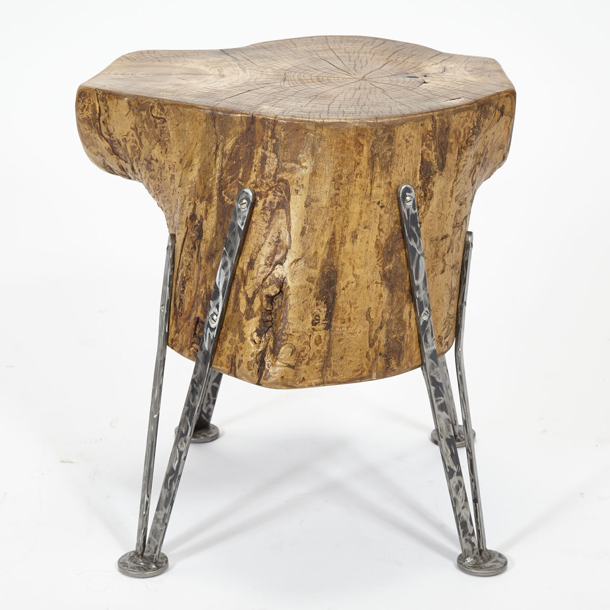 Contemporary Oak Free Edge Log Table/ Stool on Wrought Iron Stand