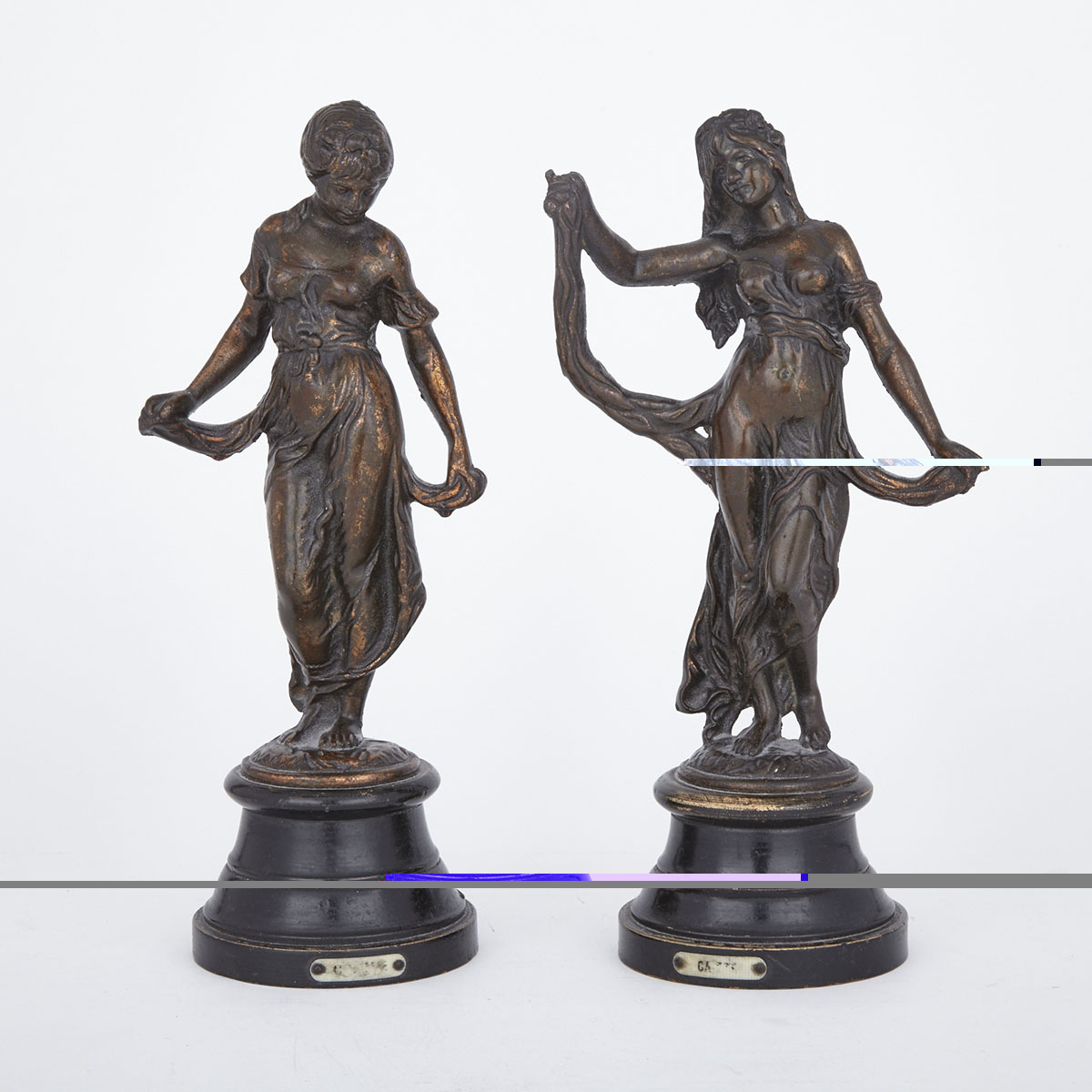Pair of Victorian Coppered Cast Iron Classical Dancers, mid 19th century