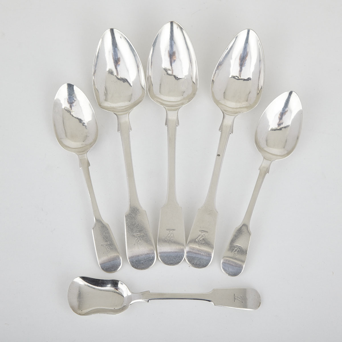 Three Canadian Silver Fiddle Pattern Table Spoons, Two Dessert Spoons and a Sugar Spoon, George Savage, Montreal, Que., c.1825