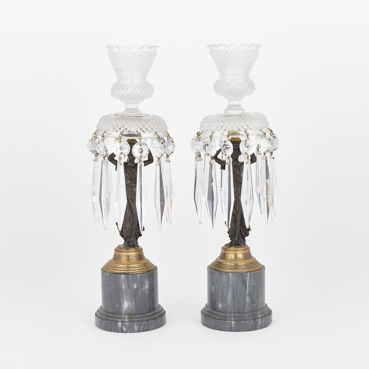 Pair of English Regency Cut Glass Mounted Gilt and Patinated Bronze Figural Candlestick Lustres, c.1820