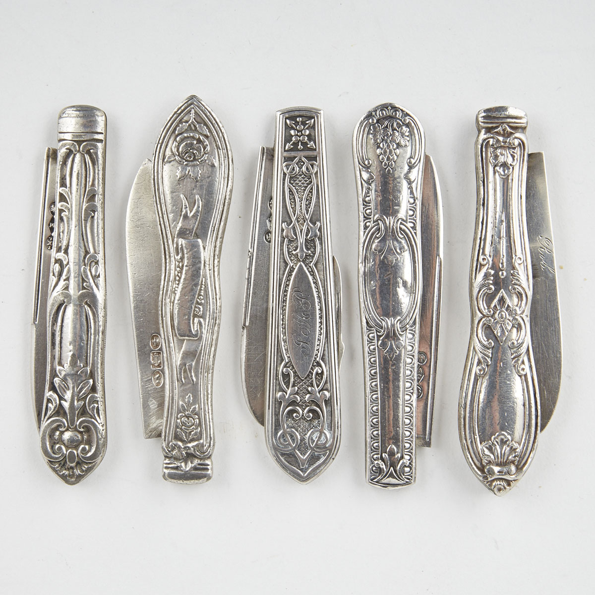 Five American Silver Pocket Knives, late 19th century