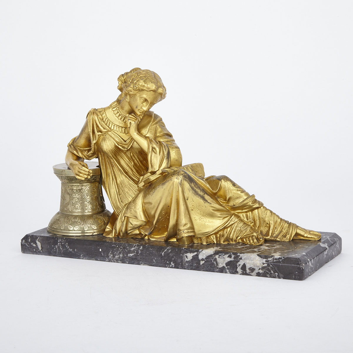 French Gilt Bronze Mantel Clock Figure of Classical Woman Reclining, 19th century