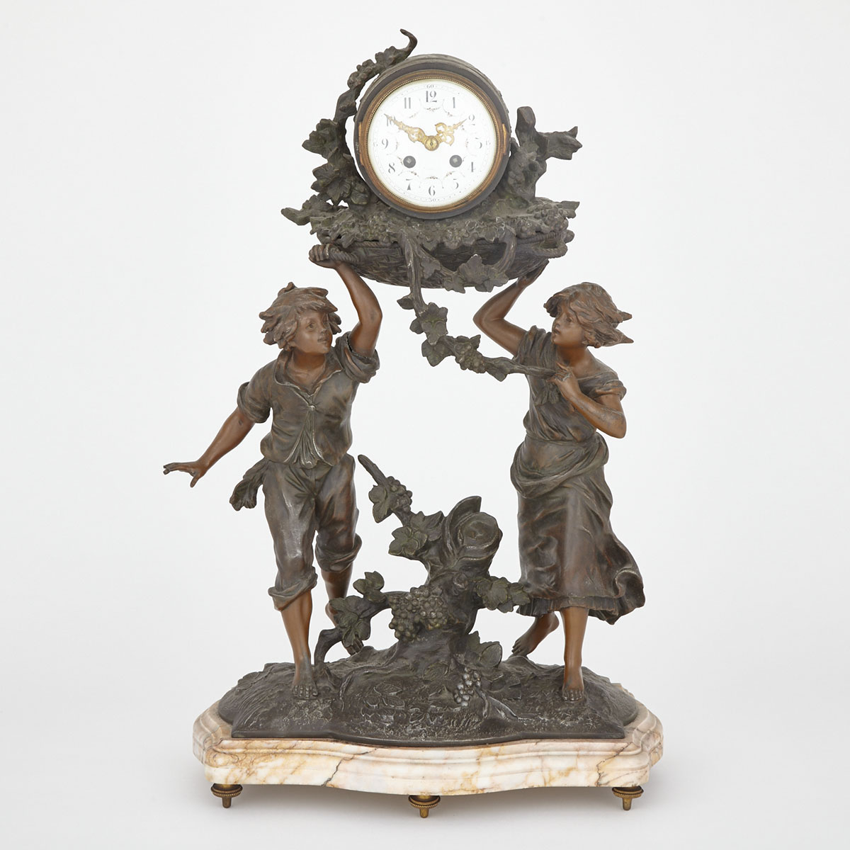 Large French Patinated White Metal Figural Clock, 19th century