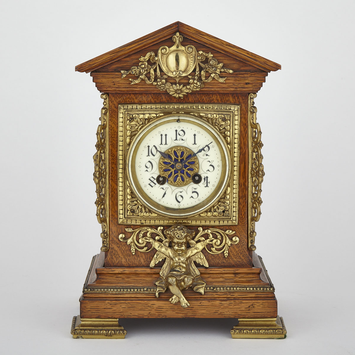 French Ormolu Mounted Oak Mantle Clock, late 19th century