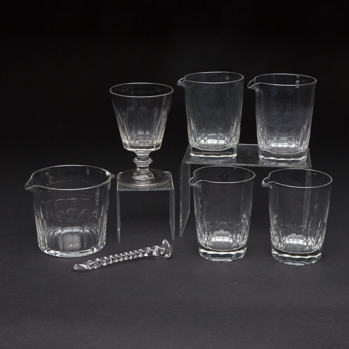 Four Cut Glass Mixing Beakers, Wine Rinser and a Rummer, 19th century 