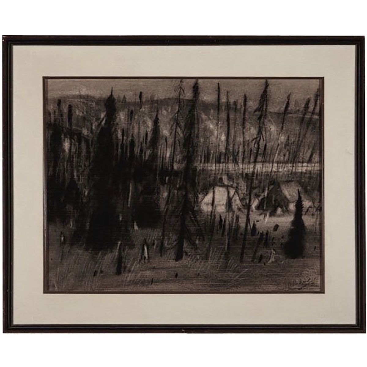 RENE RICHARD (CANADIAN, 1895-1982) CAMPEMENT INDIEN DANS LA FORET  CHARCOAL; SIGNED IN PENCIL LOWER RIGHT; TITLED AND DATED 1935 TO GALLERY LABEL VERSO (Sight, 17” x 22”) GALERIE L’ART francois, MONTREAL