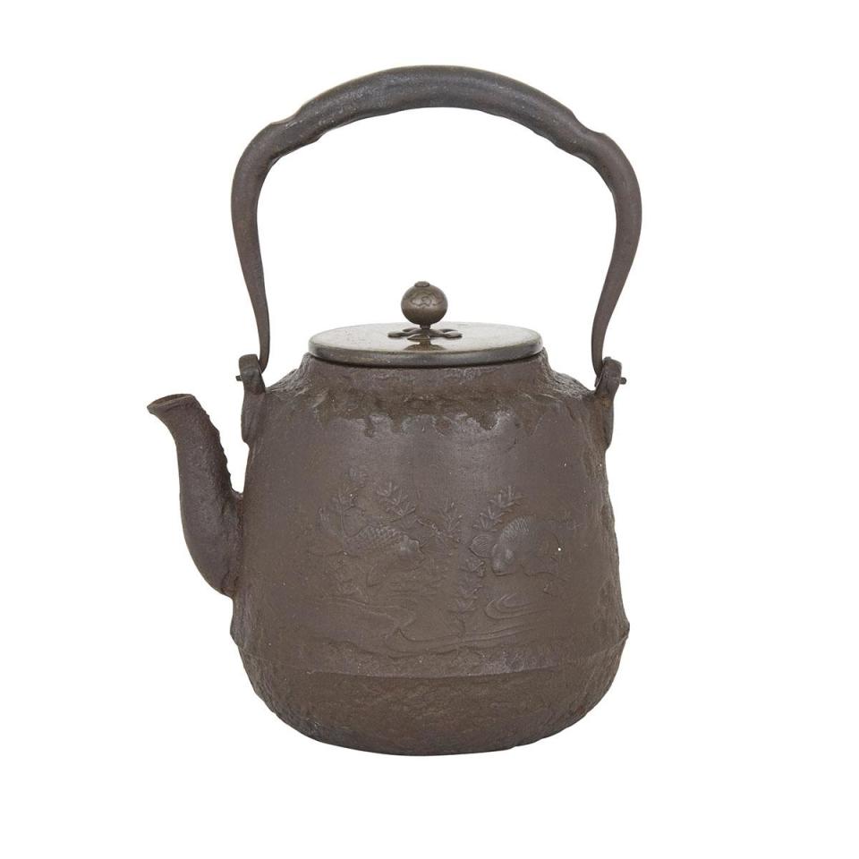 A Japanese Iron Tetsubin Kettle with Kingyo, Goldfish, Meiji Period,19th Century