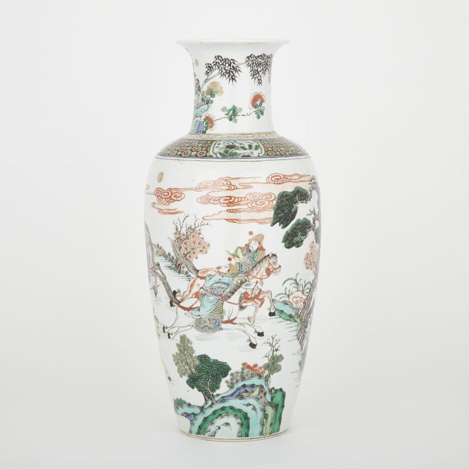 A Large Famille Verte Wucai Figural Vase, Kangxi-Style Double Circle Mark, 19th Century or Earlier 