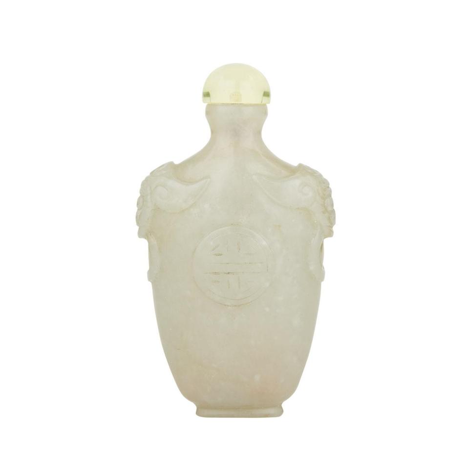 A Large Mottled White Jade Shou Snuff Bottle, 19th Century