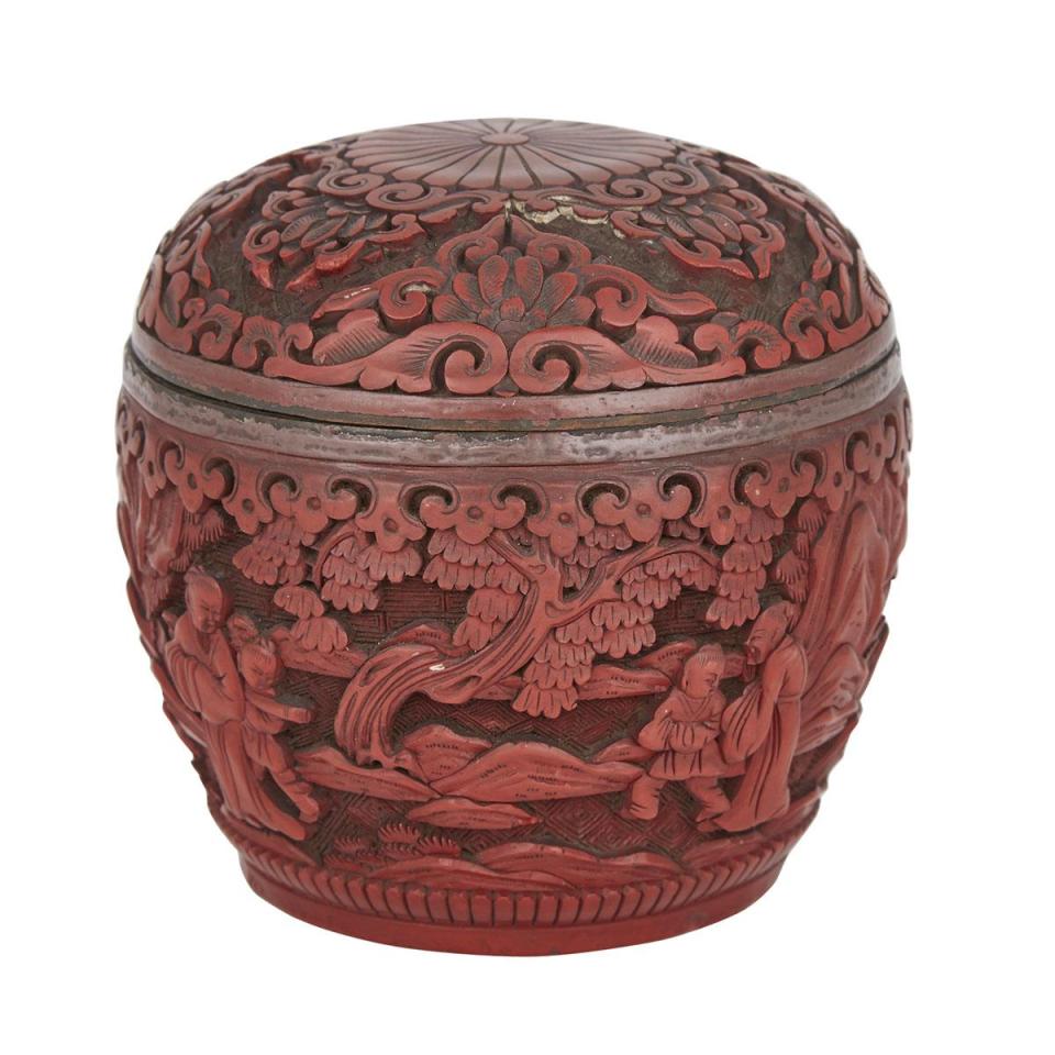 A Copper Bone Carved Cinnabar Lacquer Chess Jar, Qing Dynasty, 19th Century