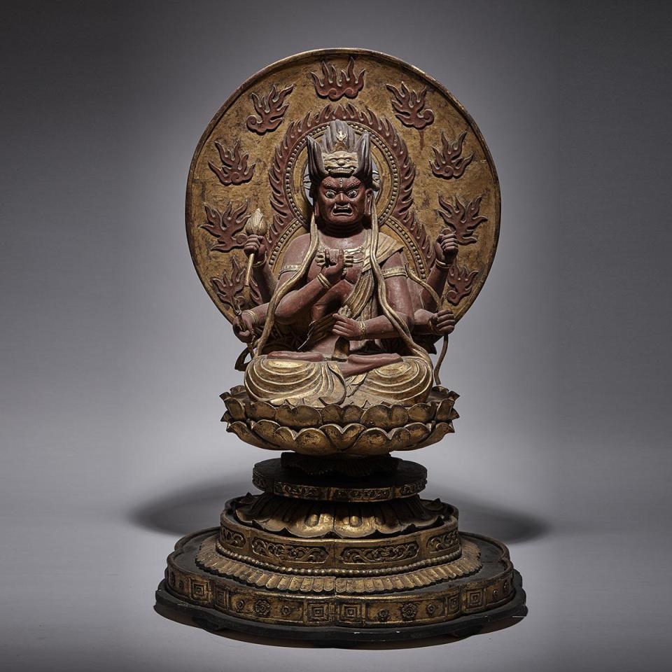 A Massive Wood Carved Lacquered Aizen Myō-ō, Showa Period