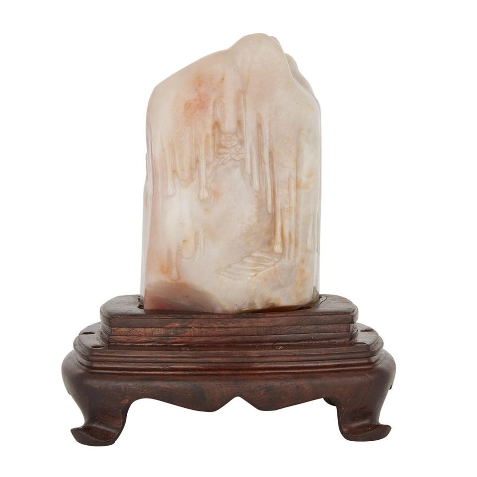 A Large and Rare Shoushan Shanbo Stone with a Rosewood Stand