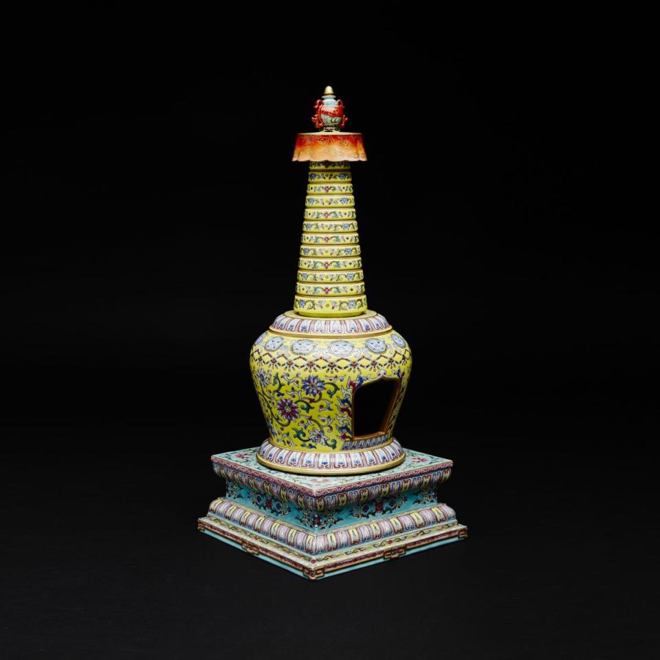 A Finely Enamelled Yellow Ground Famille Rose Buddhist Stupa, Qing Dynasty