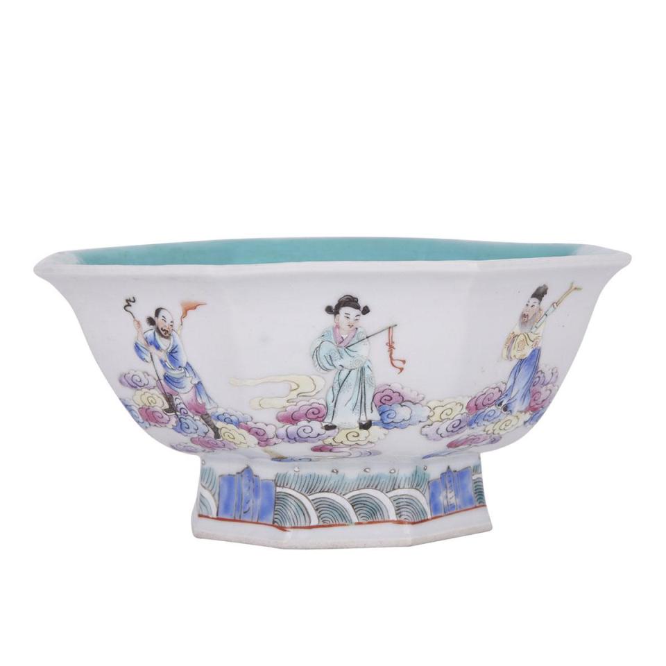 A Famille Rose ‘Eight Immortals’ Octagonal High-Footed Bowl, Jiaqing Mark